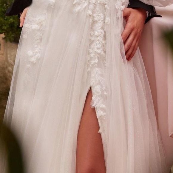 NEW LONG WEDDING A-LINE DRESS EMBROIDERED WITH FLORAL APPLIQUE AND LACE CD855W - Picture 7 of 11